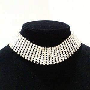 Silver Tone Prong Set Clear Rhinestone Adjustable Choker Statement Necklace